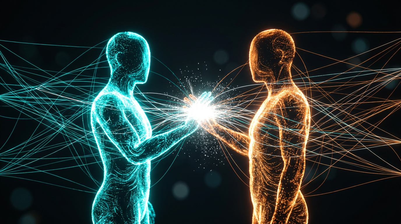 Abstract dark digital art of two glowing figures, one teal and one orange, working together within a shared network of light, representing AI-human collaboration overtaking one-shot automation