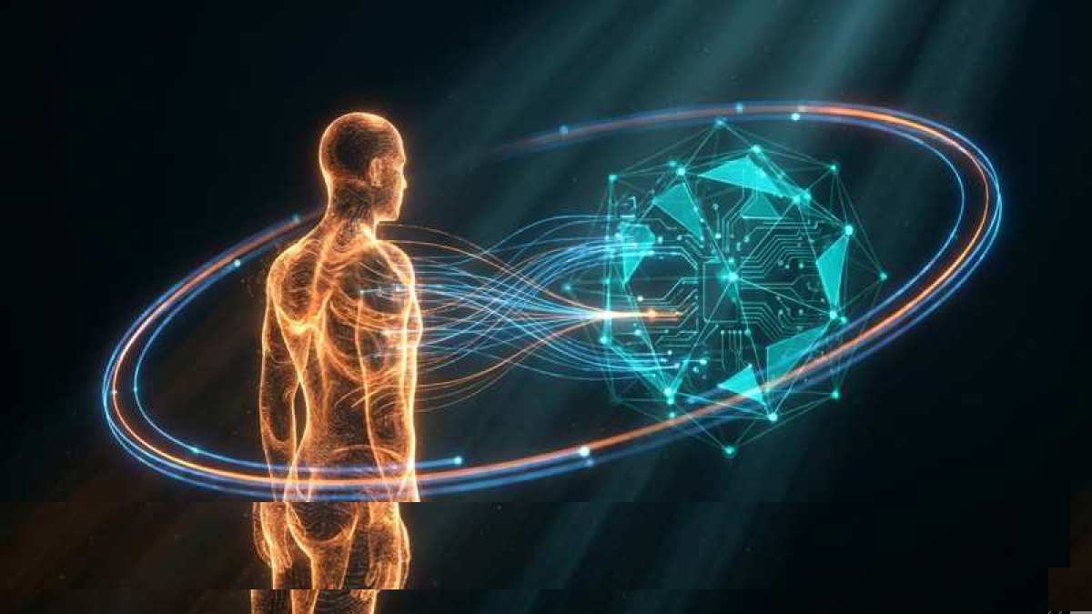 Human figure in orange glow facing a glowing turquoise geometric neural network orb, connected by light waves—symbolizing human–digital interaction and AI.