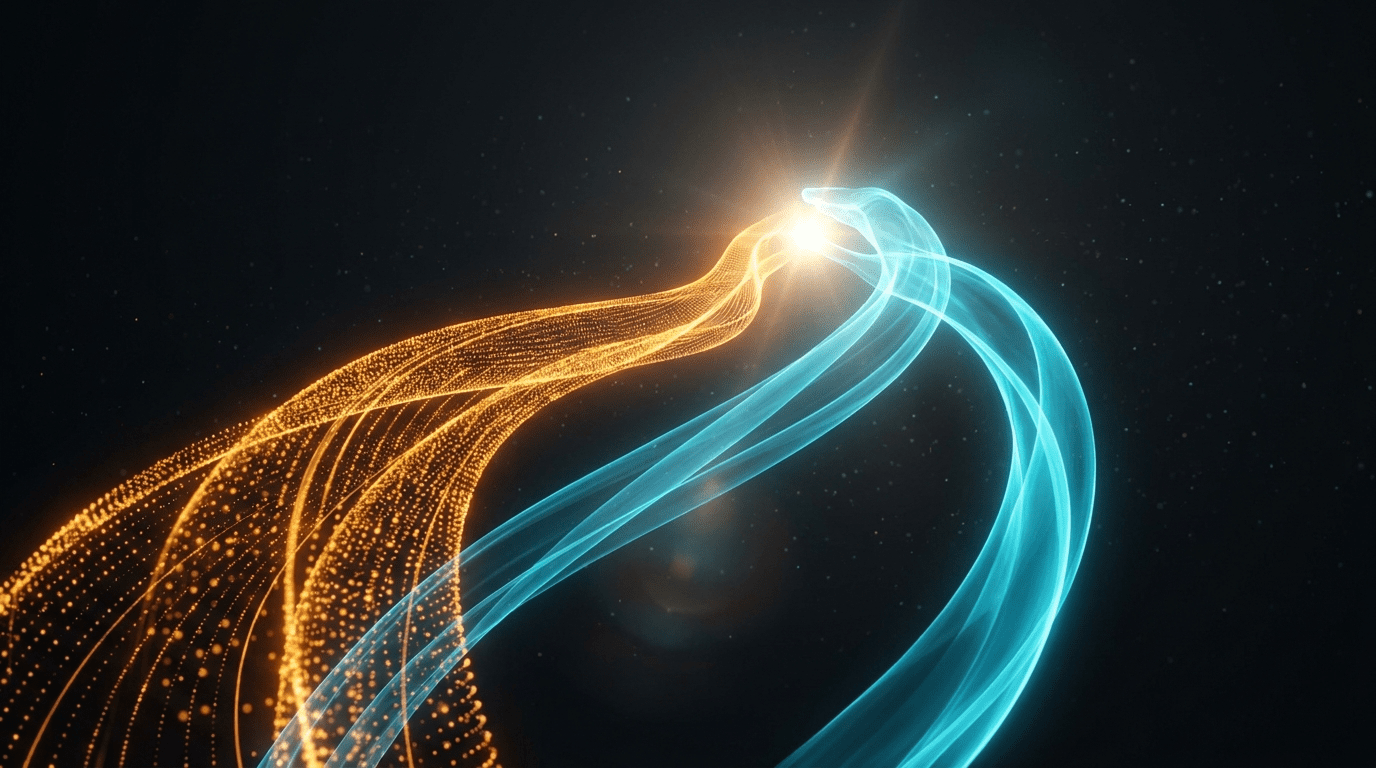 Abstract orange and cyan light forms representing AI and human collaboration converging