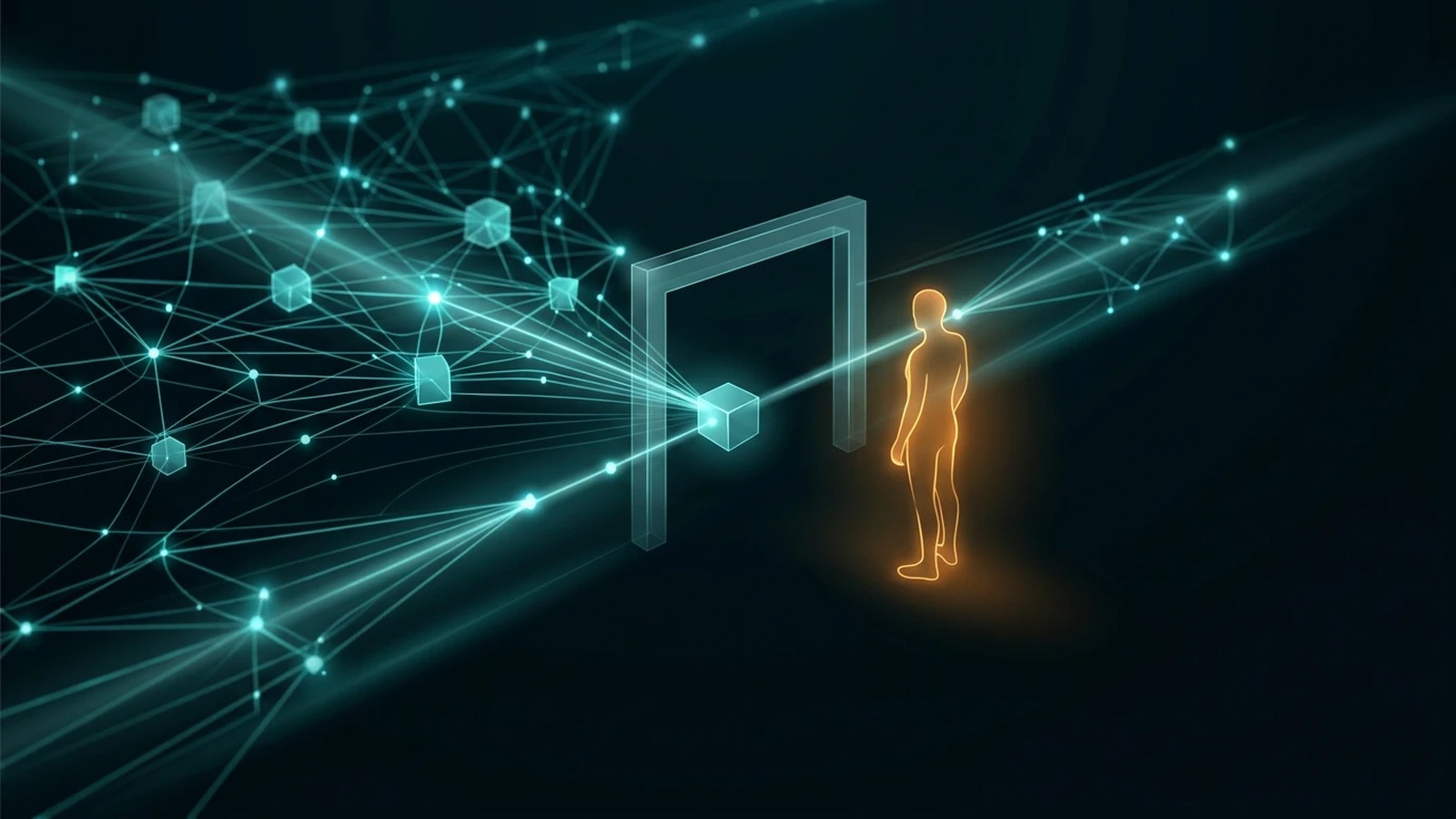 An abstract amber human silhouette standing beside a glowing teal checkpoint gate in a dark field of AI network connections, one node paused at the threshold