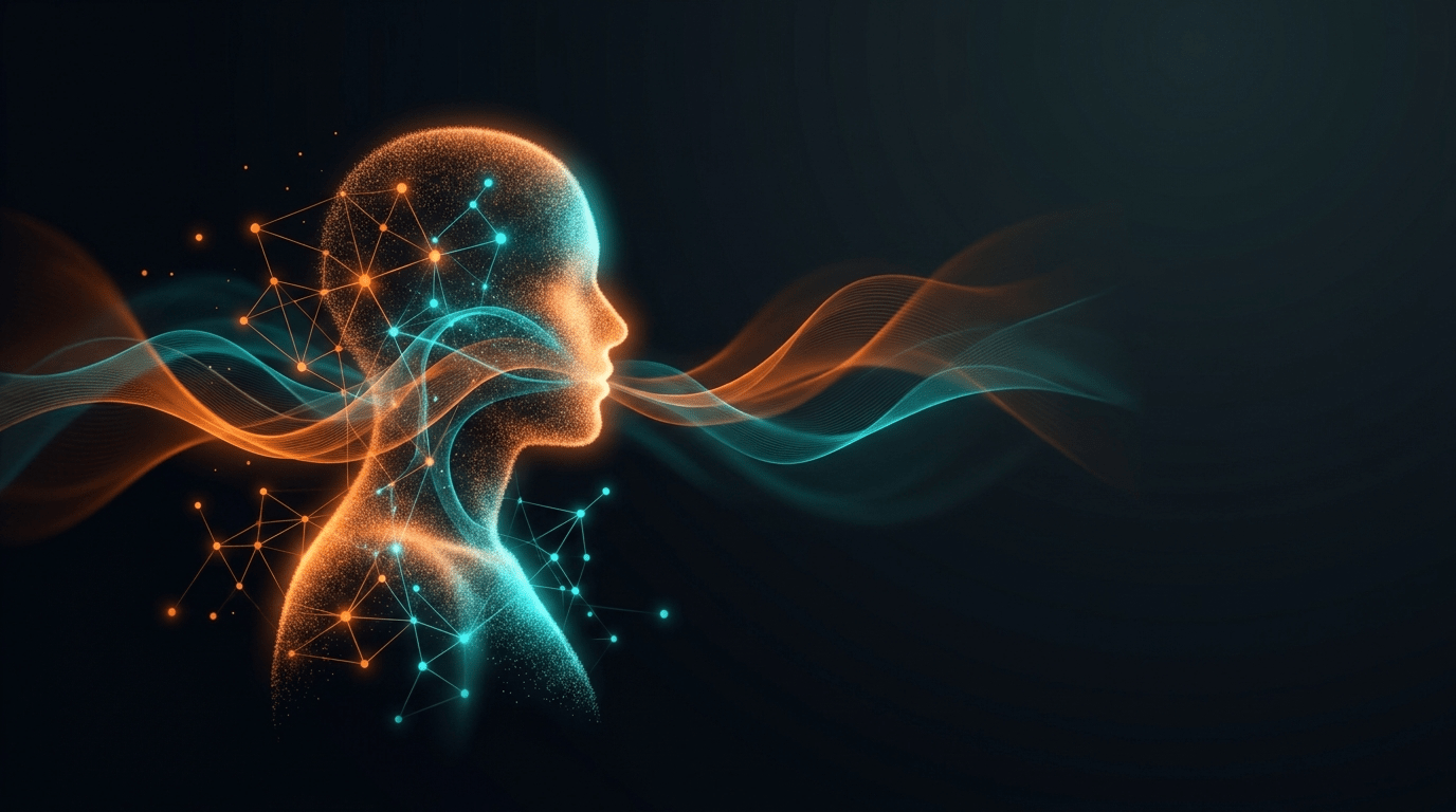 Abstract futuristic visual of ambient AI and human collaboration in orange and teal light
