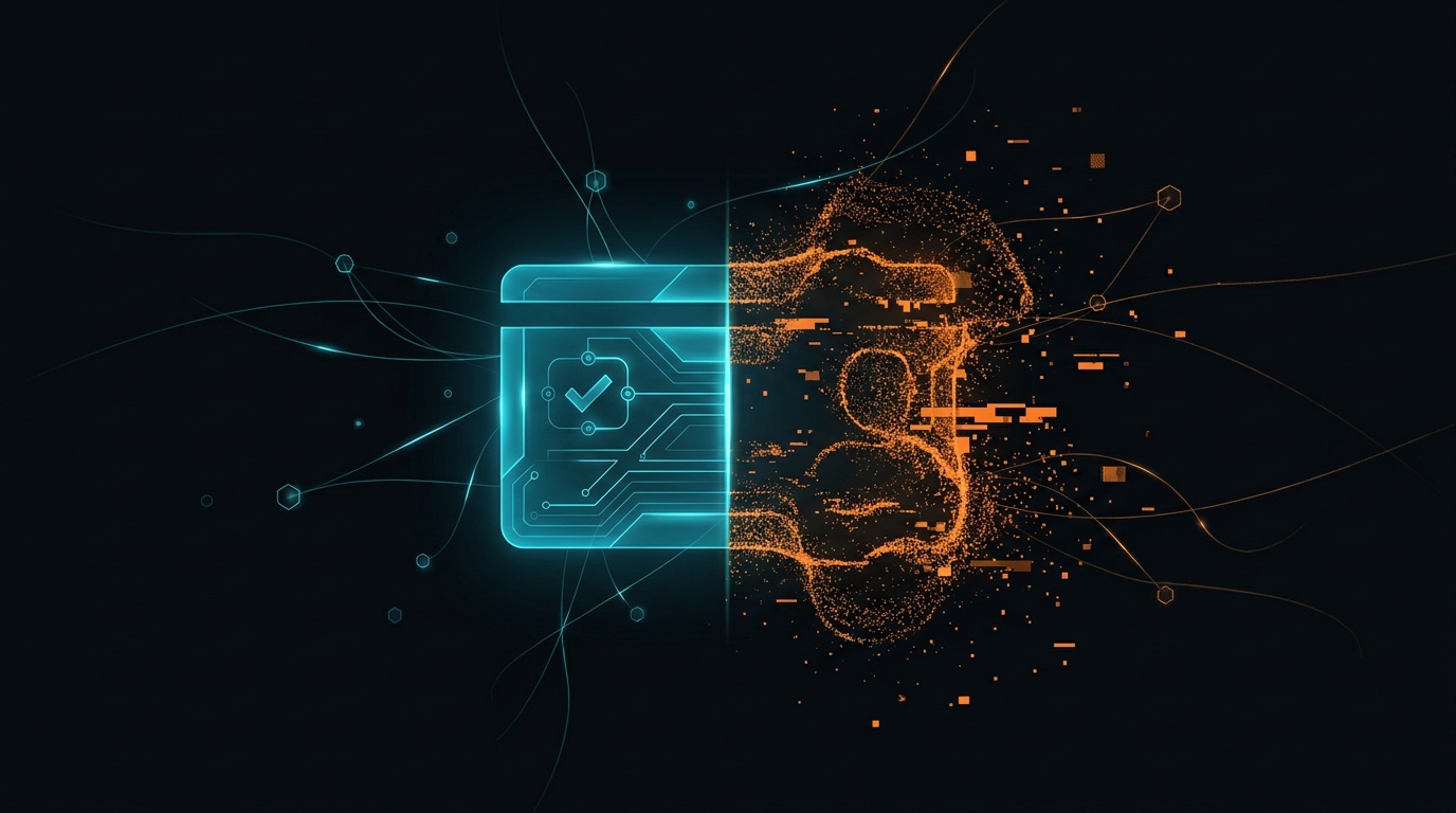 Abstract dark digital art: a translucent identity card split down the middle, the left half solid teal with a glowing verified checkmark, the right half dissolving into scattered orange particles
