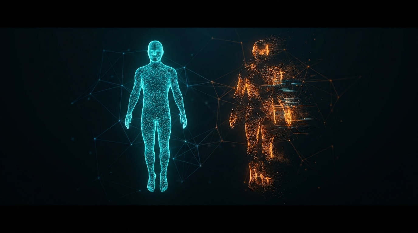 Abstract dark digital art: a solid cyan particle humanoid beside a fragmented orange glitching humanoid, representing a verified candidate next to an unverified one